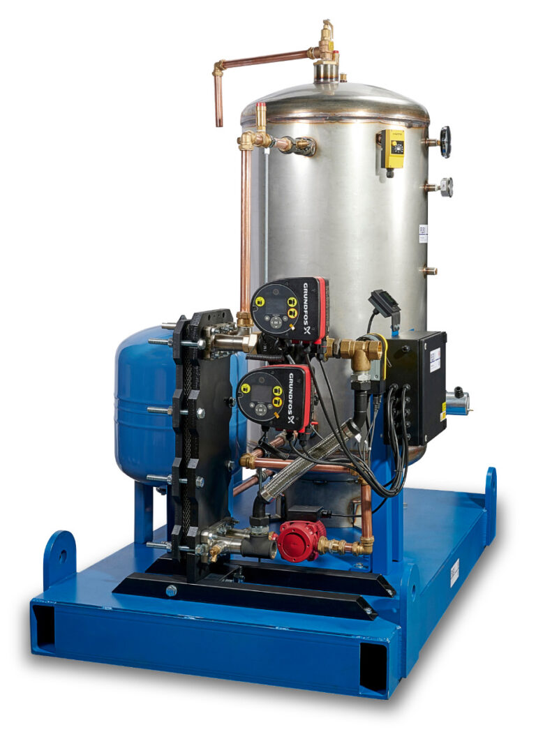 PhexStore skid-mounted DHW Hot Water Solution - showing PhexPak packaged plate heat exchanger